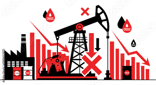 Oil pumpjack in industrial landscape with falling oil prices and declining charts in black red and white colors for business finance and energy crisis