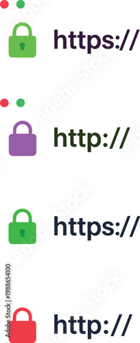 Illustration set of website security icons featuring lock symbols with HTTPS and HTTP protocols, representing SSL certification, data encryption, internet safety, and secure browsing concepts.