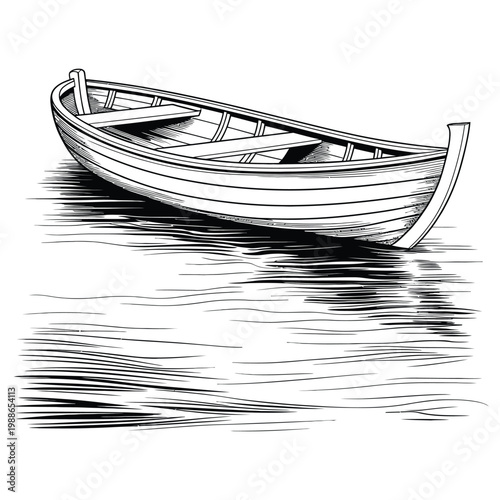 A detailed black and white illustration depicts a small wooden rowboat floating on rippling water silhouette