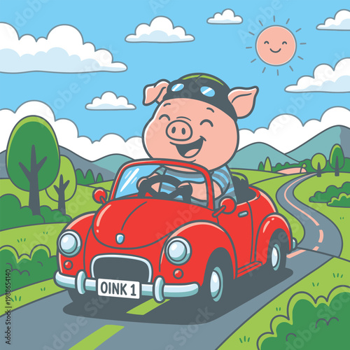 Pig driving red convertible on windy countryside road