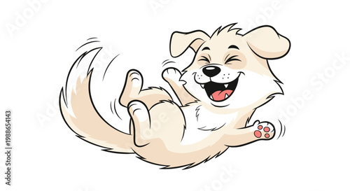 Playful golden retriever puppy is rolling on its back and laughing with pure happiness in a cute cartoon drawing.