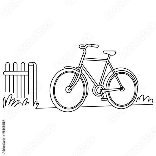 A simple line drawing depicts a bicycle resting near a wooden picket fence silhouette