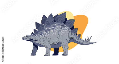 Detailed illustration of a prehistoric Stegosaurus dinosaur with large plates along its back and a spiked tail.