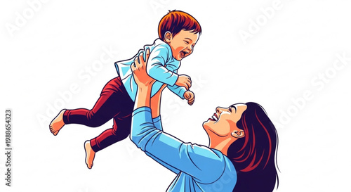 A vector illustration of a happy mother lifting her laughing child in the air