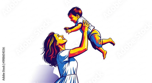 A colorful illustration of a happy mother lifting her baby in the air with joy