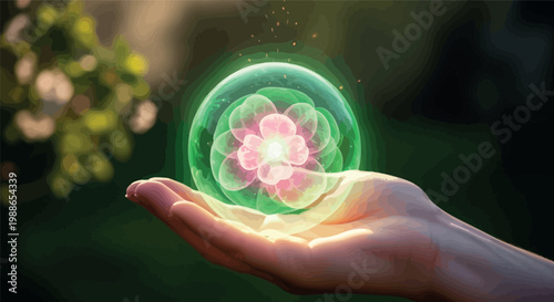 Human hand holding a glowing orb containing a vibrant pink and green fractal flower pattern that radiates magical light against a soft dark natural outdoor background