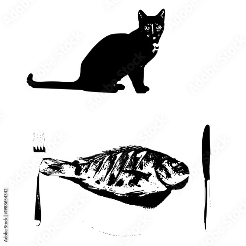 Curious cat eyeing a grilled fish on a plate with utensils nearby