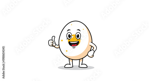 Happy boiled egg character with a yellow yolk face gives a thumbs up sign in this cheerful food based illustration.