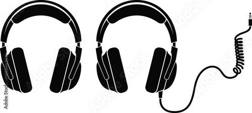 Headphone silhouette icons, audio device illustration, music listening equipment vector, sound technology symbol, headset with cable graphic