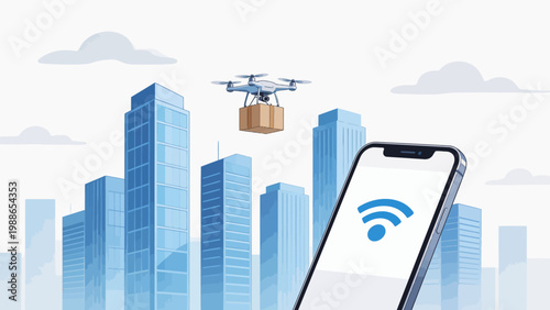Drone delivering package in city with smartphone