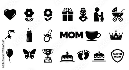 A set of black and white vector icons celebrating motherhood and family