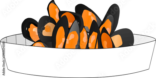 Vector illustration of cooked mussels served in a dish