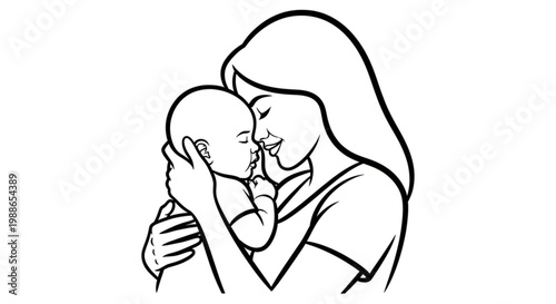A minimalist line art illustration of a mother tenderly kissing her baby on the cheek
