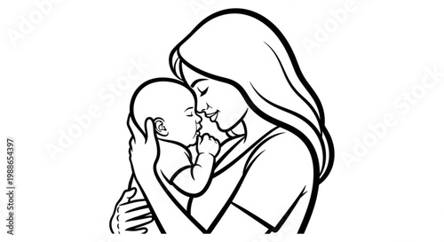 A minimalist line art illustration of a mother tenderly kissing her baby