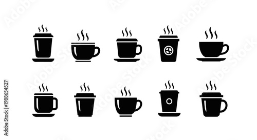 Ten modern silhouette icons of various steaming disposable and reusable coffee cups on saucers and tables