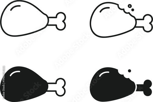 Chicken drumstick silhouette icons, food symbol illustration, meat snack graphic, bite mark design, poultry leg vector, black outline art