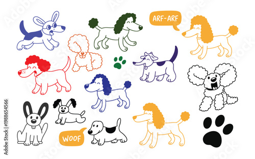 Colorful Cartoon Dogs And Poodles On White Background For Pet Care Concepts