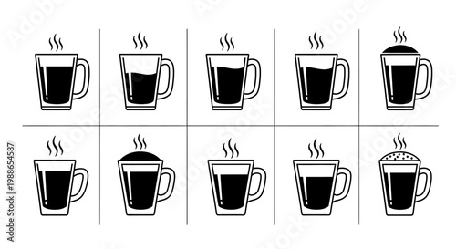 Infographic showing different layers of coffee drinks in transparent glass mugs with milk foam and steam variations for barista guide and menu presentation