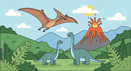 Prehistoric scene features long-necked dinosaurs and a pterodactyl flying near an erupting volcano in the distance.