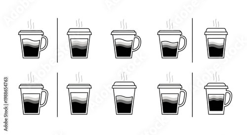 Layered hot chocolate or coffee drink icons with visible ingredients and lids for takeaway shop menus or beverage infographics showing milk foam and liquid levels