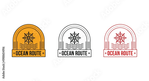 Set of three nautical route logos with wave and star designs in orange, black, and red colors