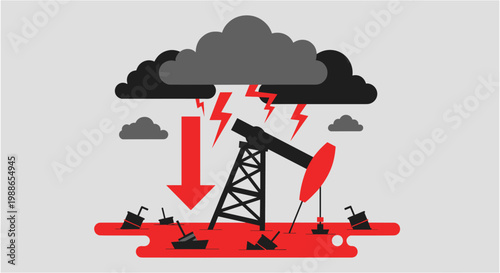 Oil pump jack in crisis with red arrow pointing down in dramatic dark cloudy lighting for finance news