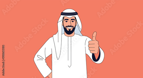 Confident Arab man wearing traditional white thobe and ghutra gives a positive thumbs up sign against a plain background.