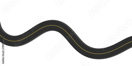 Curved Asphalt Road with Yellow Line Isolated on White Background