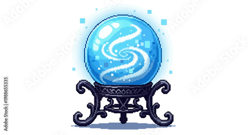 Mystical glowing crystal ball on ornate stand.