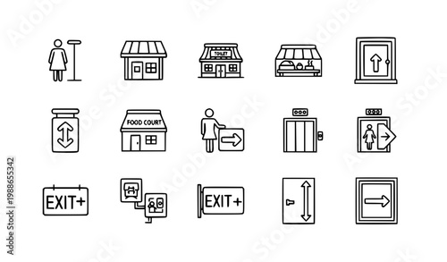 Toilet, food court, elevator, exit door and public navigation concept editable stroke outline icons set isolated on white background flat vector illustration. Pixel perfect. 64 x 64.