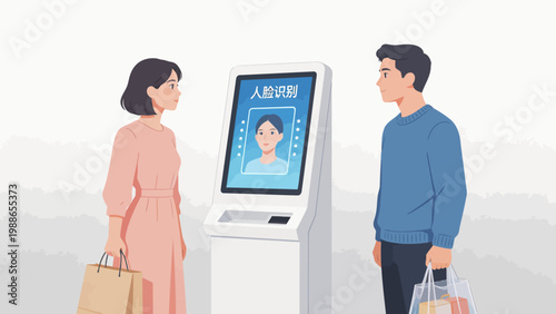 Two people using a facial recognition machine