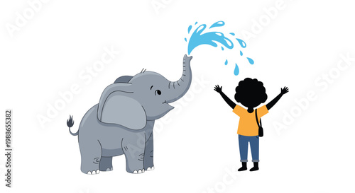 Playful grey elephant uses its trunk to spray a refreshing stream of water over a happy silhouetted child outdoors.