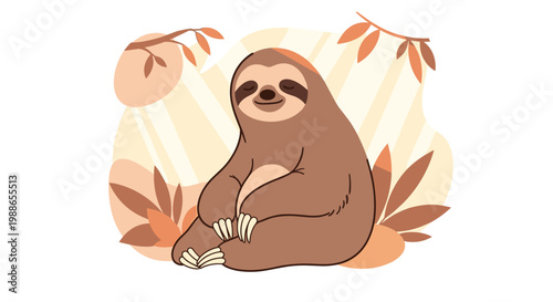 Peaceful sloth sits in a calm meditative pose surrounded by autumn leaves in a warm and tranquil forest setting.