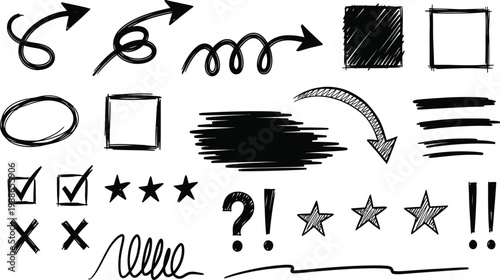 Hand drawn sketch elements arrows shapes symbols and scribbles on white background