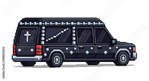 Pixel Art Hearse Vehicle with Cross Decoration.