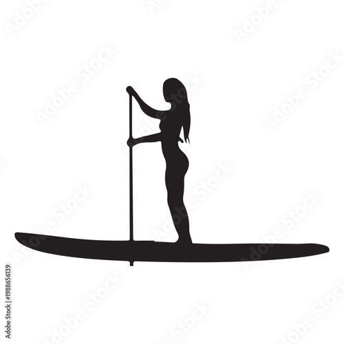 Minimalist Black Silhouette of Female Stand Up Paddleboarder Isolated Vector