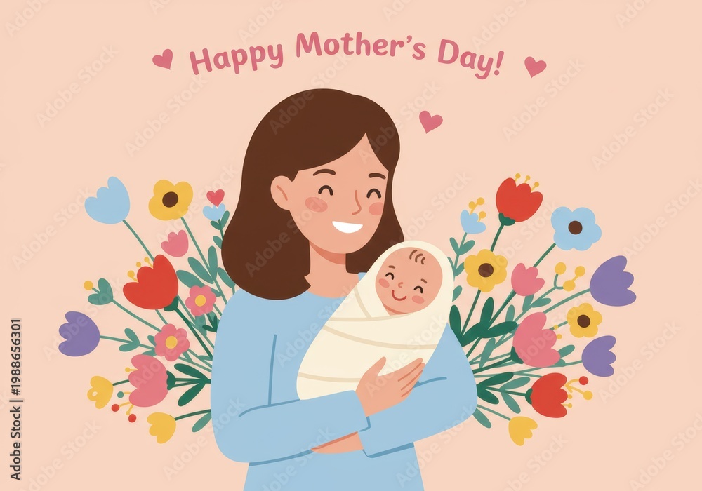 Obraz premium Mother embracing newborn with floral background for mother's day celebration