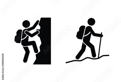 Two hikers depicted in a minimalist style one climbing and one trekking silhouette