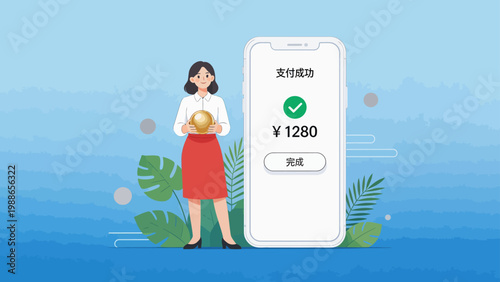 Woman with gold coin and mobile payment screen