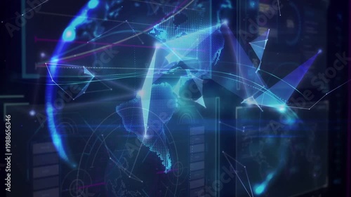 Incoming stream starting nodes linking into rotating holo globe over transparent HUDs for analytics