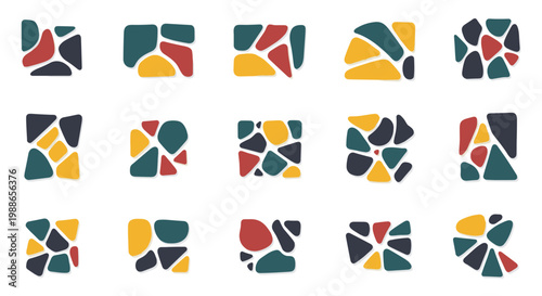 A set of colorful geometric shapes forming various abstract icons