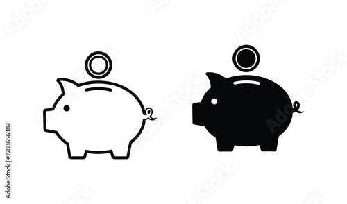 Black and white piggy bank icons with coins on top for saving money concept