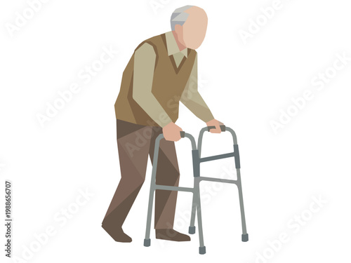 歩行器で歩く高齢者の介護福祉イラスト
