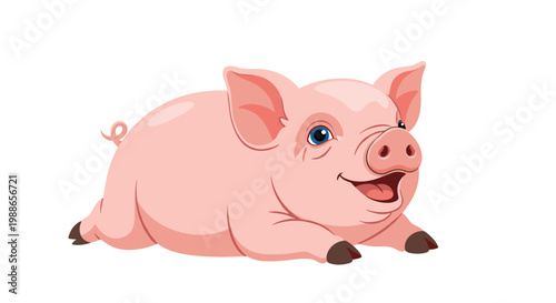 Happy pink piglet lies down and smiles contentedly in this simple and charming illustration of a farm animal.
