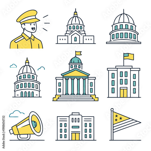 A set of colorful illustrations depicting government buildings, flags, and a megaphone on a for communication and politics