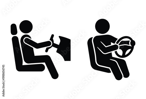 Two black silhouettes depict drivers in vehicle seats showcasing automotive control and safety silhouette