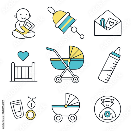 A set of baby related icons including a stroller, baby bottle, and toys