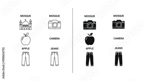 Visual comparison of icon styles for mosque, camera, apple, and jeans