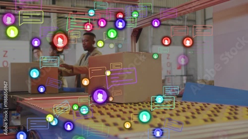 Packers placing boxes on conveyor, icons appearing and cascading over box while processing orders