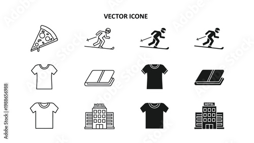 Collection of vector icons depicting food, sports, clothing, and accommodation